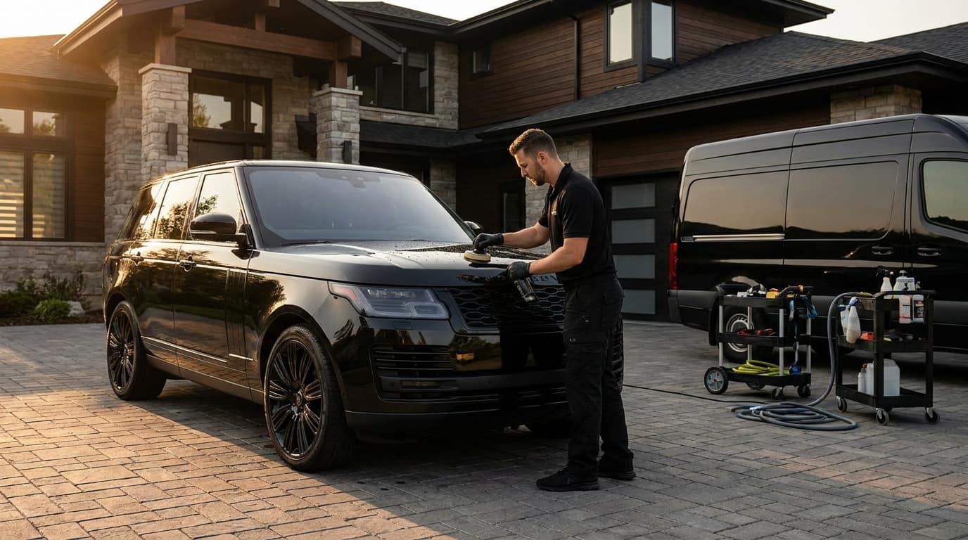 Sena detailer servicing a luxury SUV in the driveway of a home